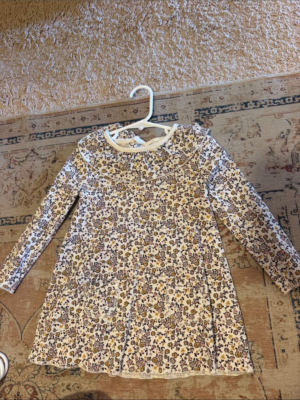 Girls' Long Sleeve Floral Knit Dress - Cream and Purple